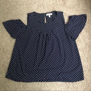 Navy and White Polka Dot Cold Shoulder Blouse